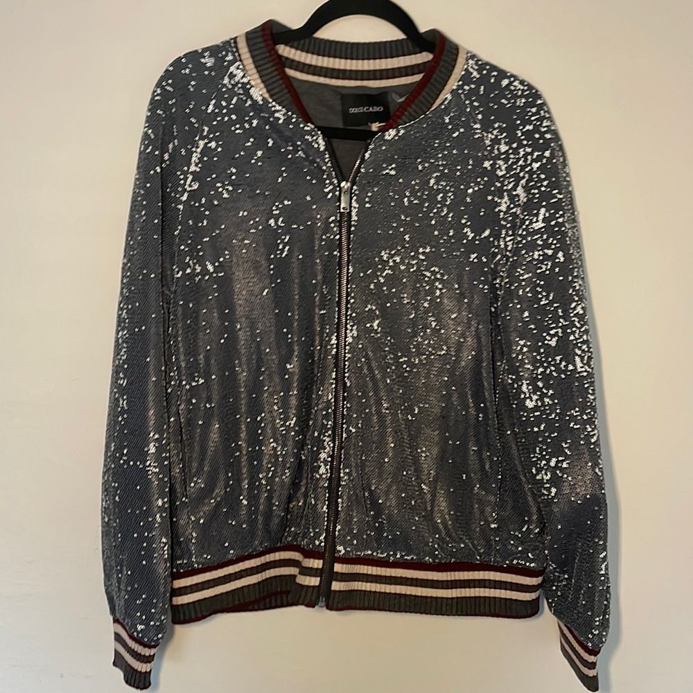 Dolce Cabo Blue Sequin Varsity Bomber Jacket M